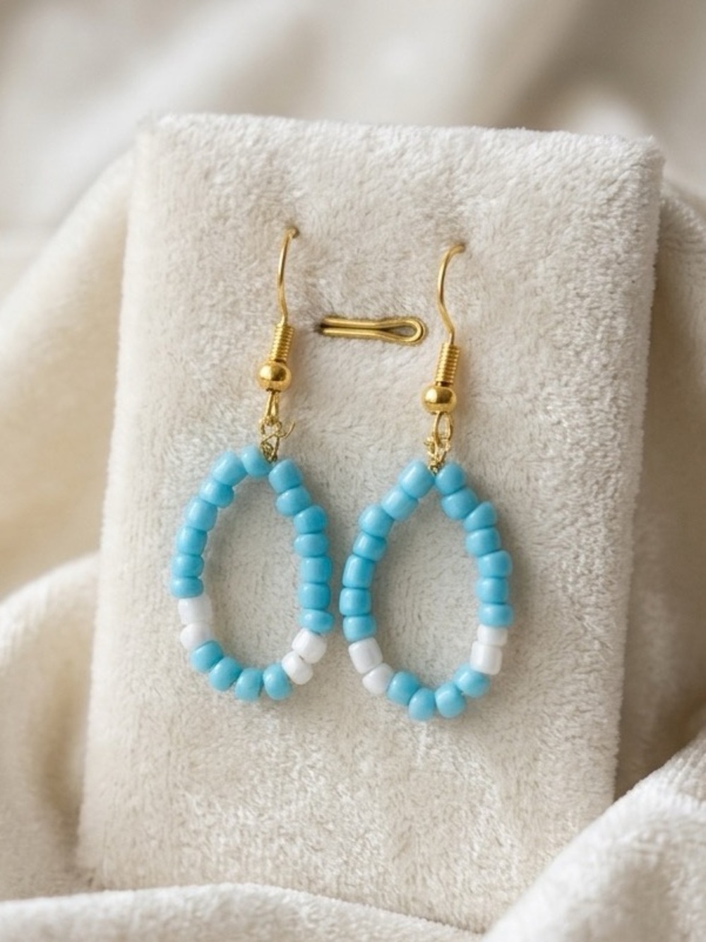Gold Hook Turquoise and White Beaded Teardrop Earrings
